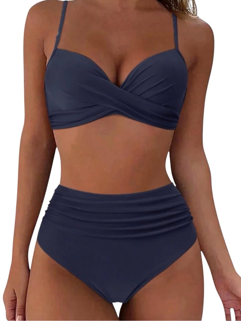 Women’s High Waisted/Ruched Two Piece Bathing Suit Bikini Set Navy Blue Size L